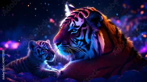 AI-Enhanced Neon Creation of a Tiger Affectionately Cradling Its Baby Calf