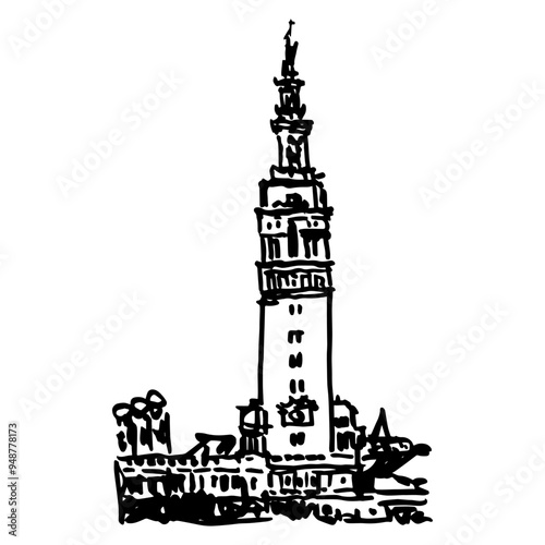 Old Madison Square Park Tower. Historical building in New York City, United States. Hand drawn linear doodle rough sketch. Black and white silhouette.