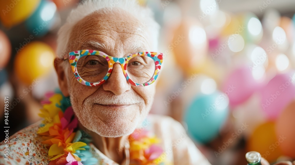 An old man partaking in a festive celebration, surrounded by colorful balloons and decorations, capturing an atmosphere of joy, camaraderie, and the essence of celebration. An old man partaking in a festive celebration, surrounded by colorful balloons and decorations, capturing an atmosphere of joy, camaraderie, and the essence of celebration.