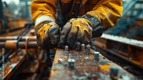 Construction worker securing a metal beam with bolts and wrench, close-up.