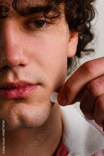 Using acne pimple patch to clean the face from zits. Young man uses acne stickers as bandage not to touch or squeeze pimple. photo