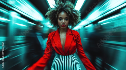 A stylish woman in a red blazer and striped skirt stands in a subway station, the motion blur around her giving the sense of speed and the bustling nature of urban life.