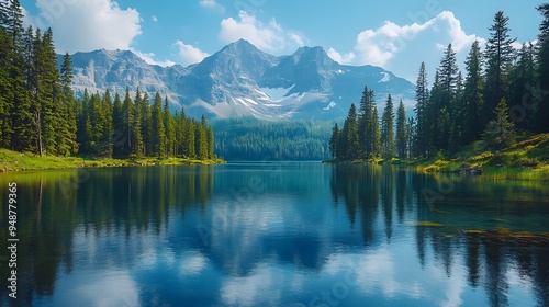 Tranquil Lake Amidst Majestic Pines and Rolling Mountains, a peaceful body of water reflecting the vibrant greenery and rugged peaks, inviting calm and contemplation.