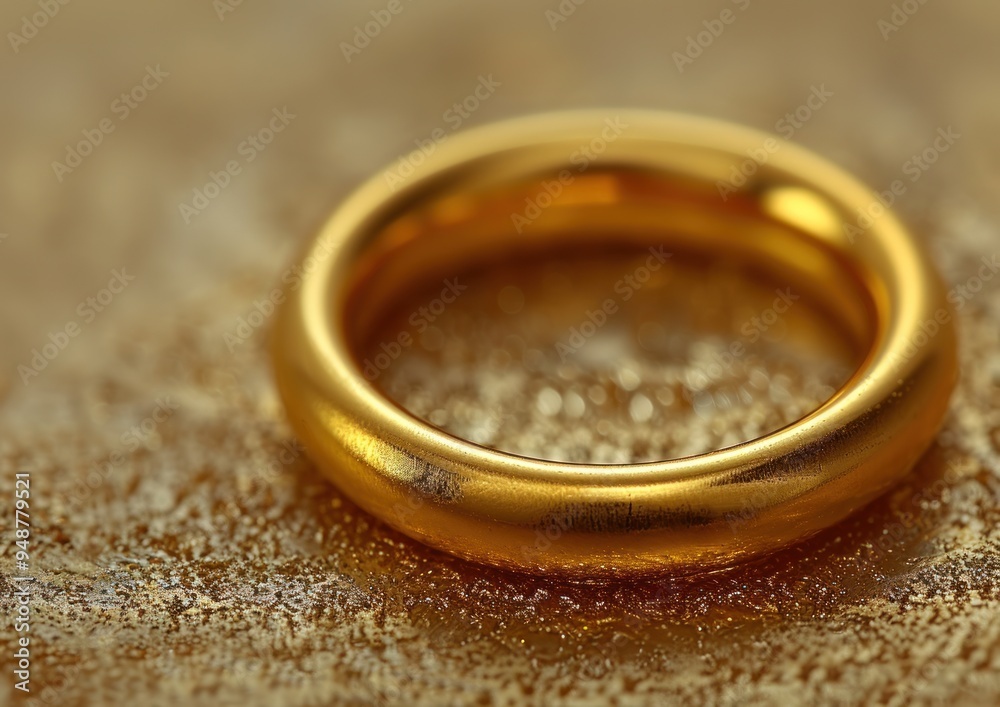 A close-up shot of a simple gold wedding band resting on a textured gold background
