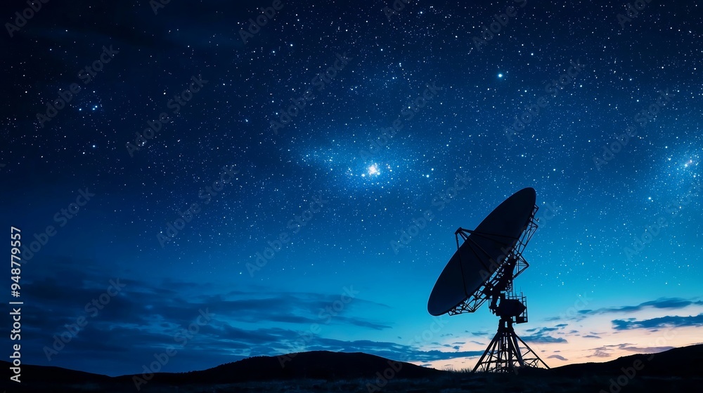 A satellite dish array in a remote desert, capturing signals from distant satellites, under a starry night sky A satellite dish array in a remote desert, capturing signals from distant satellites, under a starry night sky