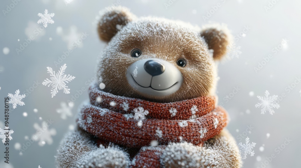 Adorable teddy bear wearing a red scarf surrounded by falling snowflakes, perfect for winter and holiday themes.
