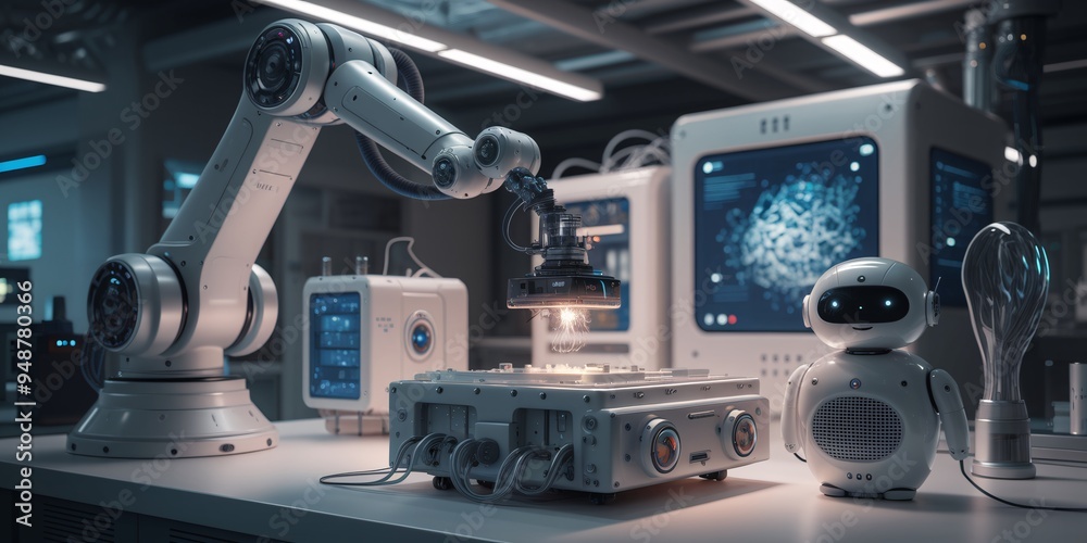 Futuristic Tech Lab: A futuristic lab filled with high-tech equipment, including a robotic arm, a computer with a complex data visualization, and a small white robot. This image evokes a sense of inn Futuristic Tech Lab: A futuristic lab filled with high-tech equipment, including a robotic arm, a computer with a complex data visualization, and a small white robot. This image evokes a sense of inn