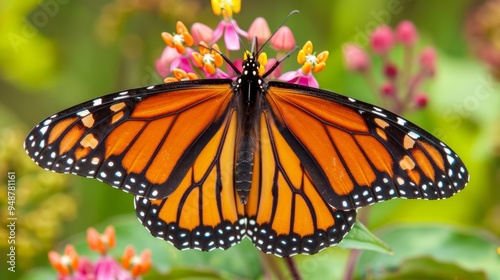 Closeup of a Monarch butterfly with wings spread wide, resting on a pink flower.