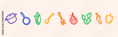 Ingredientes de cocina típicos de la gastronomía mexicana y utensilios de cocina, minimalistas. Incluyen un maíz, una flama, un pimiento, una espátula, un nopal, una olla, un sartén y un chile.