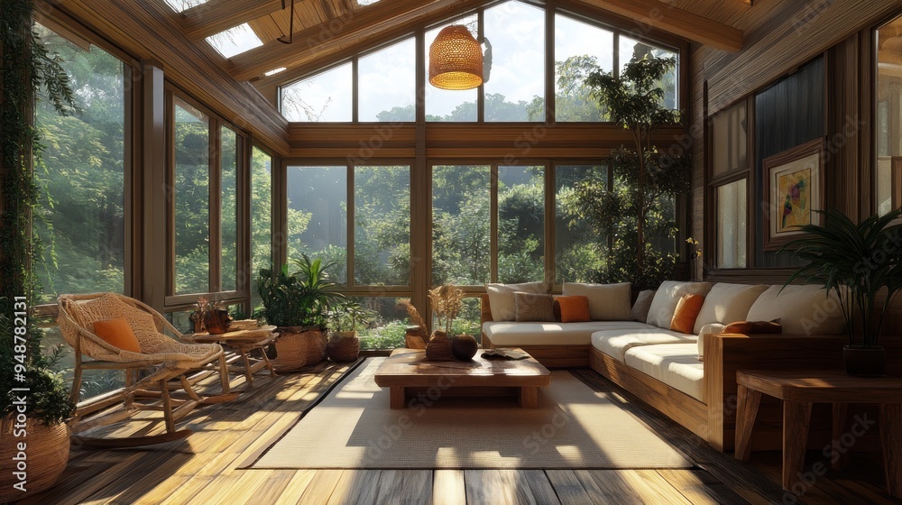 Fototapeta premium A bright and airy living room with wooden floors and large windows overlooking a lush green forest