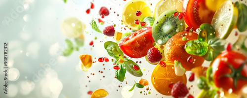 Colorful assortment of fresh fruits and vegetables floating in the air against a bright background, captured during daytime to showcase healthy eating and vibrant flavors