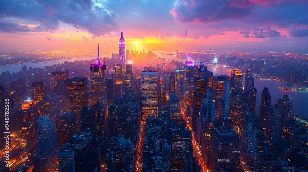 Fototapeta premium Vibrant Nighttime Cityscape, an aerial perspective showcasing illuminated skyscrapers and lively urban activity, reflecting the energy and vibrance of city life after dark