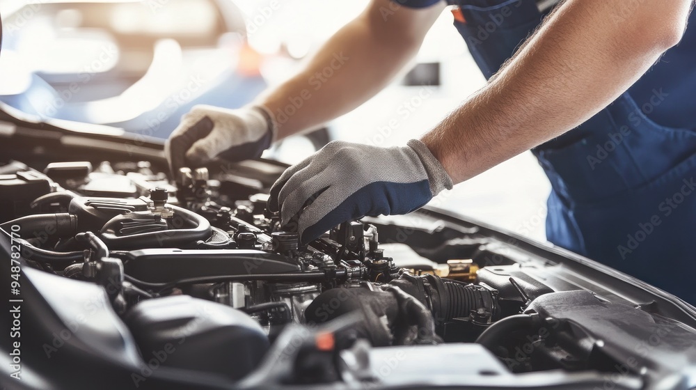 Mechanic Working on a Car Engine Mechanic Working on a Car Engine