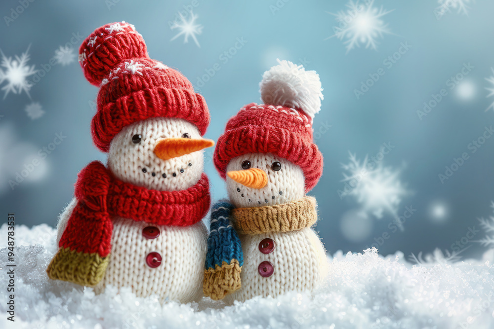 Two cheerful snowmen wearing colorful knitted hats and scarves, standing together in the snow, creating a festive and cozy winter scene. Two cheerful snowmen wearing colorful knitted hats and scarves, standing together in the snow, creating a festive and cozy winter scene.