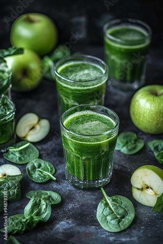 An arrangement of several glasses filled with green smoothie and served with green apples and spinach leaves