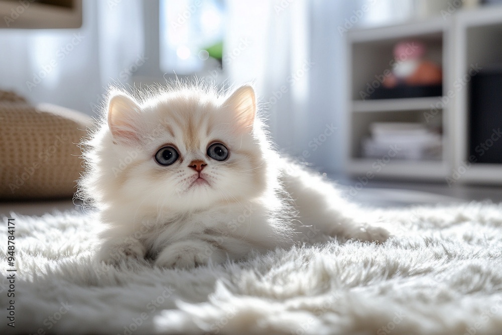 Obraz premium Adorable Fluffy Kitten Relaxing in Sunlit Living Room