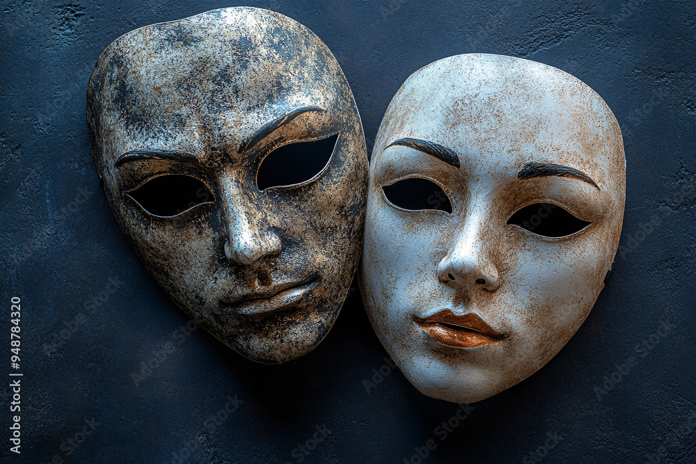 Cut-out theatrical masks of a tragedian and comedian made of white paper, symbolizing acting and drama, with copyspace for text, suitable for theater events or artistic use. Cut-out theatrical masks of a tragedian and comedian made of white paper, symbolizing acting and drama, with copyspace for text, suitable for theater events or artistic use.