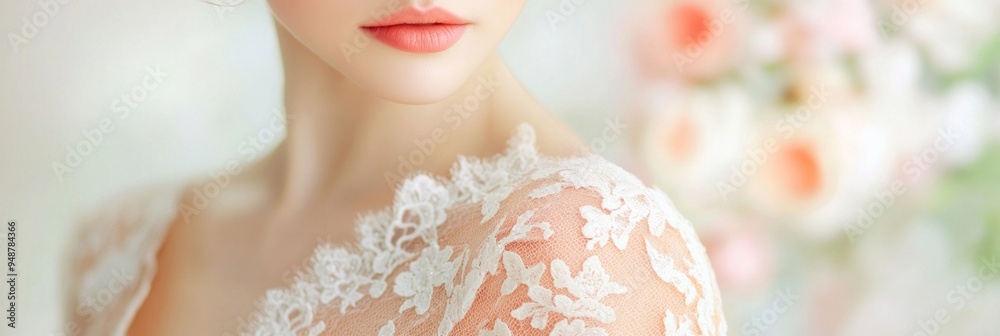 Naklejka premium A close-up of a young Caucasian brides delicate lace gown and soft pink lips, highlighting the elegance