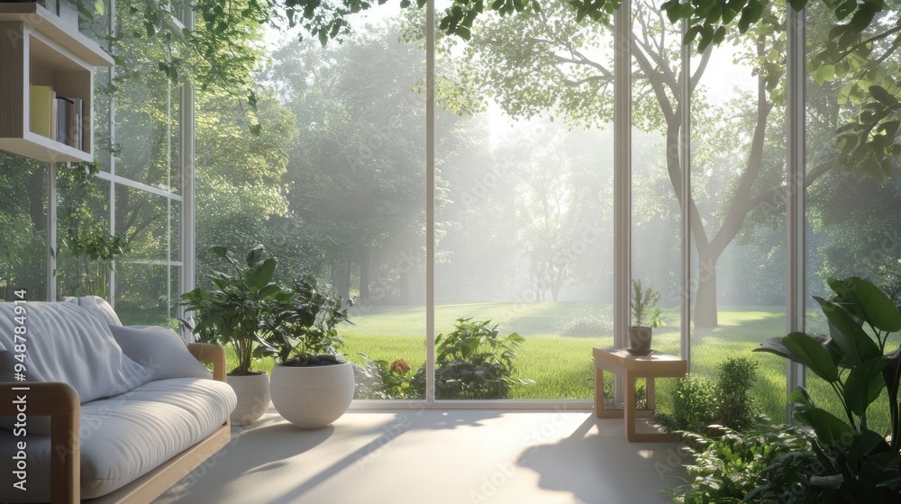 A cozy living room with large windows looking out onto a lush green forest with soft morning light filtering through the trees. The room is decorated with potted plants A cozy living room with large windows looking out onto a lush green forest with soft morning light filtering through the trees. The room is decorated with potted plants