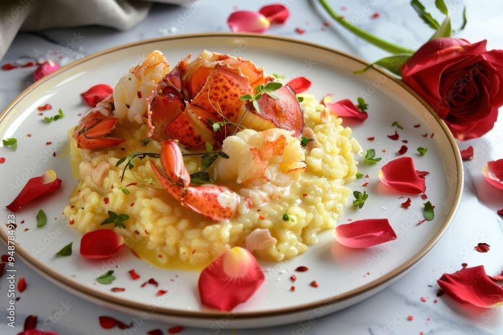 Lobster Risotto With Rose Petals on Elegant Dining Table