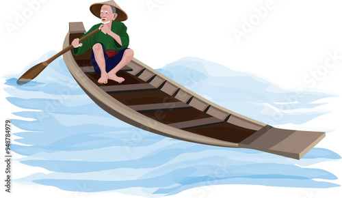 An old country man is rowing a sampan on the river.vector design