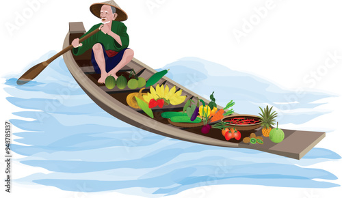 A vendor rows a boat to sell fruit.vector design