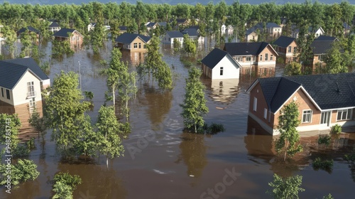 Aerial view of a residential area flooded by water after a natural disaster. Houses and trees submerged under water in a devastated neighborhood.