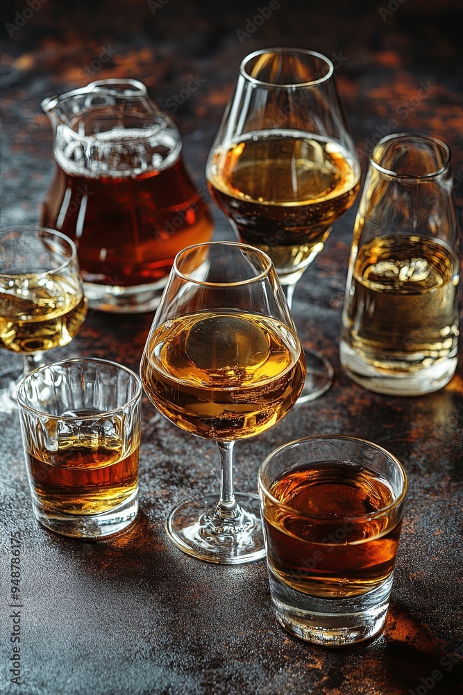 A set of strong alcoholic drinks in glasses and assorted glasses: vodka, rum, cognac, tequila, brandy and whiskey. Dark vintage background, selective focus. A set of strong alcoholic drinks in glasses and assorted glasses: vodka, rum, cognac, tequila, brandy and whiskey. Dark vintage background, selective focus.