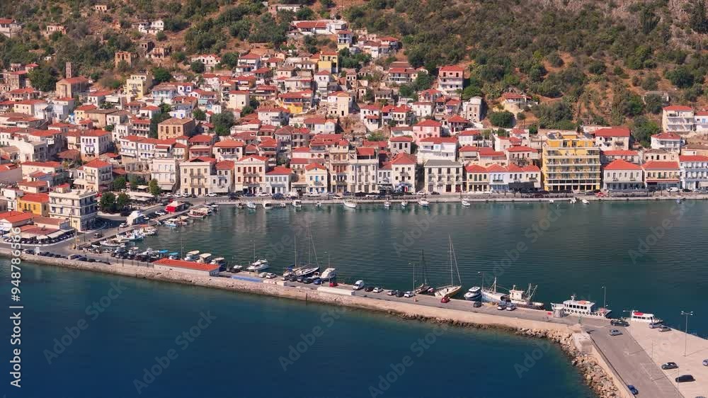 greece peloponnese region gytheio town lighthouse coastal houses chapel and boats aerial view 4k footage greece peloponnese region gytheio town lighthouse coastal houses chapel and boats aerial view 4k footage