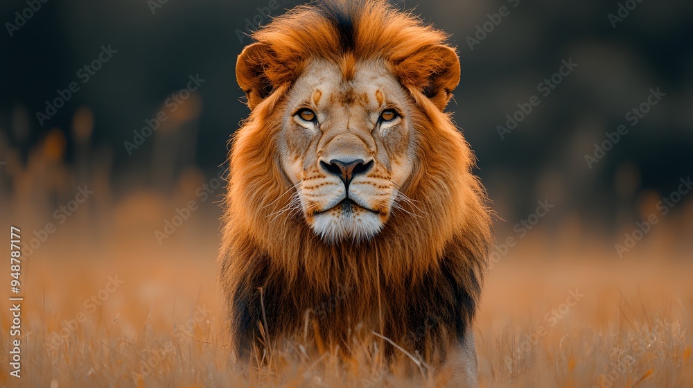 Obraz premium Majestic lion gazing in the savannah, golden mane flowing in the breeze, embodying strength and grace in the wild, surrounded by tall grasses and distant acacia trees.
