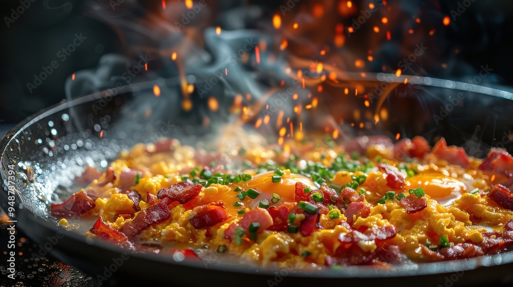 Sizzling Scrambled Eggs With Bacon and Chives at Dusk Sizzling Scrambled Eggs With Bacon and Chives at Dusk