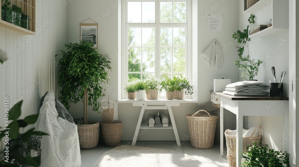Fototapeta premium A bright and airy laundry room with a window, plants, and woven baskets.