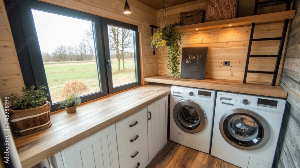 Two white washing machines in a wooden interior laundry room. Two white washing machines in a wooden interior laundry room.