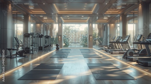 Premium gym setup with high-end exercise machines and minimalist aesthetic.