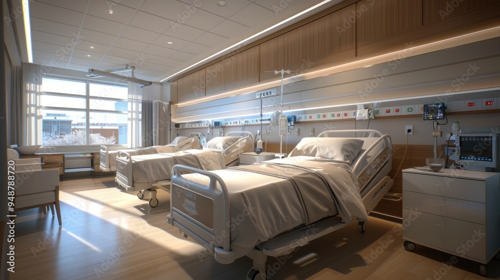 Well-lit shared patient room with tidy beds and individual medical monitors. Well-lit shared patient room with tidy beds and individual medical monitors.