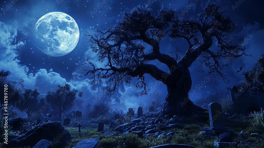 Obraz premium Under a bright full moon a gnarled tree looms over a quiet graveyard casting shadows across old tombstones as mist swirls in the cool night air creating a haunting atmosphere
