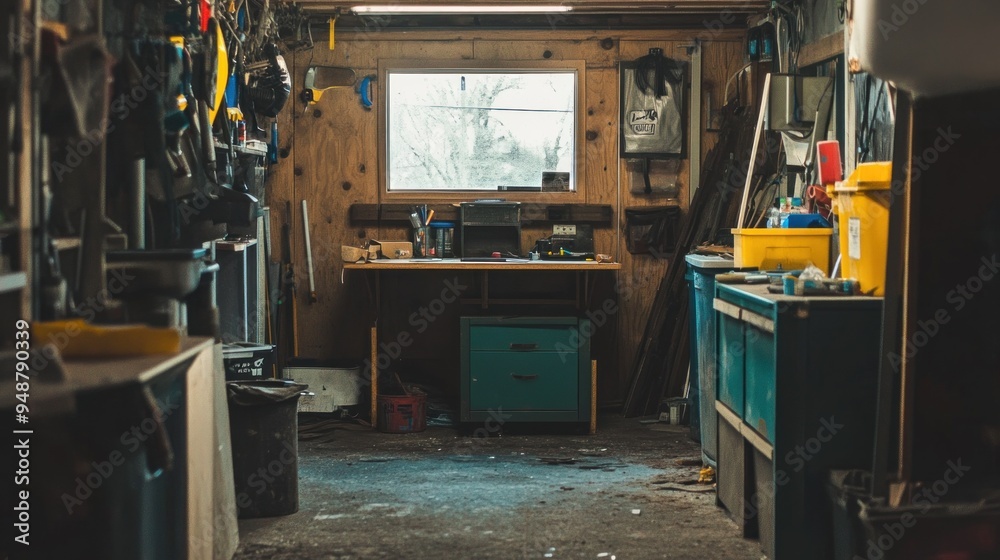 A cluttered workshop with tools hanging on the walls, a workbench with ...