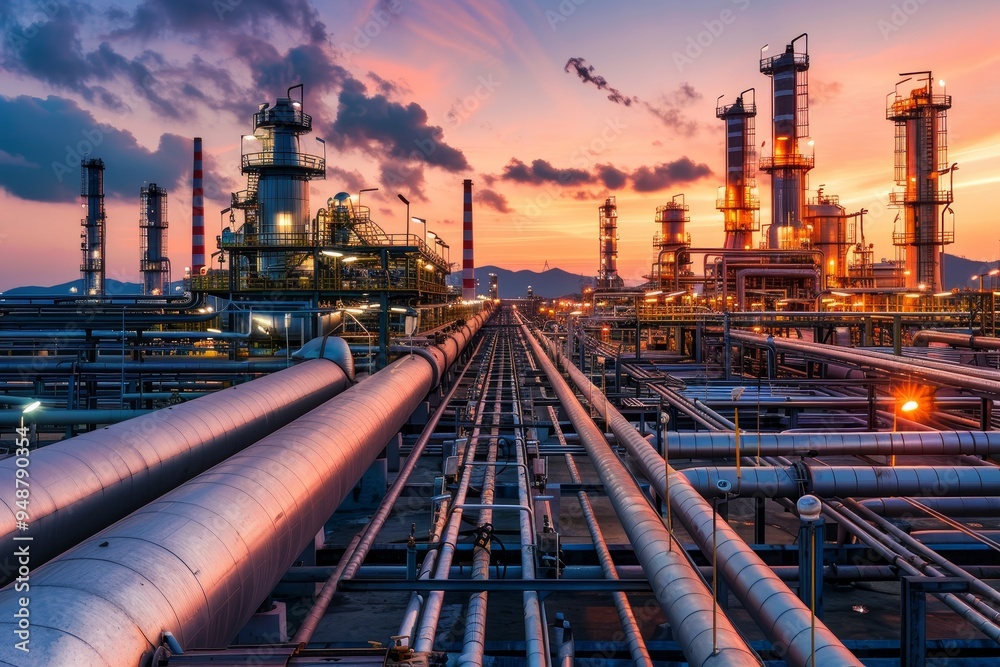 Oil refinery complex with pipes and tanks Oil refinery complex with pipes and tanks