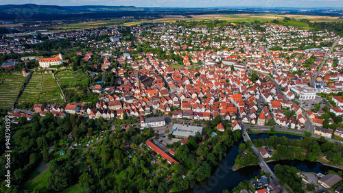 An Aerial panorama view around the old town of the city Vaihingen an der Enz on an early summer day in Germany.