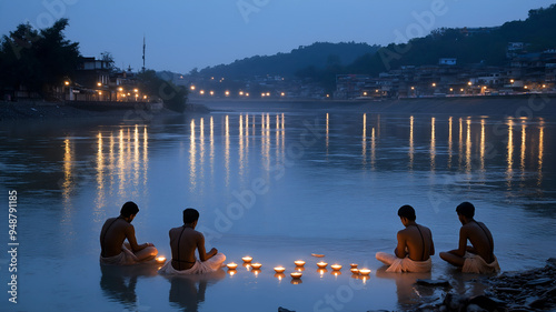 Four Hindu men performing a ritual during Pitru Paksha at the riverbank photo