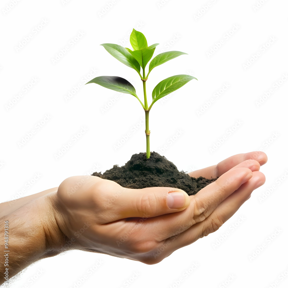 a human hand holding a small plant with a white background a human hand holding a small plant with a white background