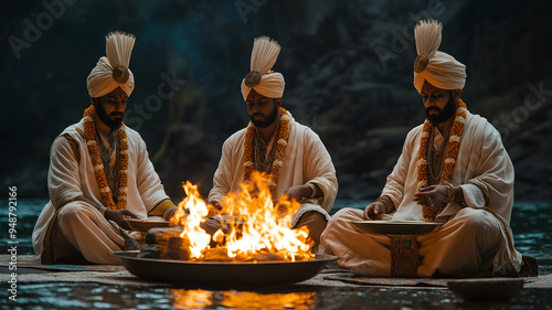 Three Hindu men performing a puja ceremony during Pitru Paksha. photo