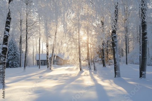 Sun Shining Through Snowy Trees with a Cabin in the Distance