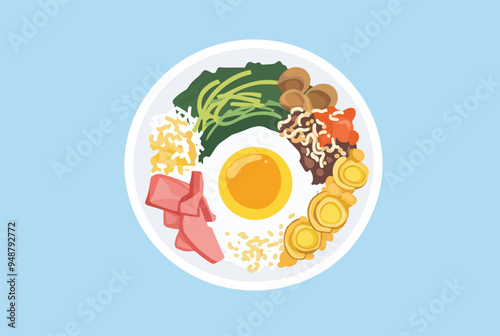 Asian Cuisine Dish with Egg on Blue Background, Flat Vector, Isolated, Food and Culinary