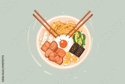 Asian Cuisine Dish with Egg on Light Green, Flat Vector, Isolated, Food and Culinary