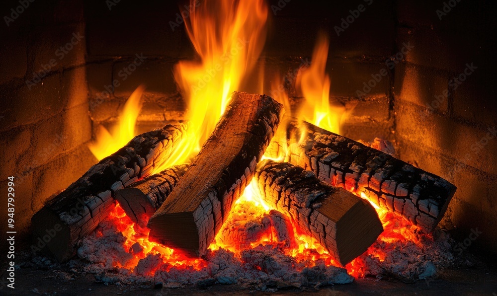 A brightly burning log closeup, flames flickering, glowing ash A brightly burning log closeup, flames flickering, glowing ash