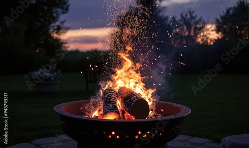 Wallpaper Mural A burning log in a rustic outdoor firepit, sparks flying upward Torontodigital.ca