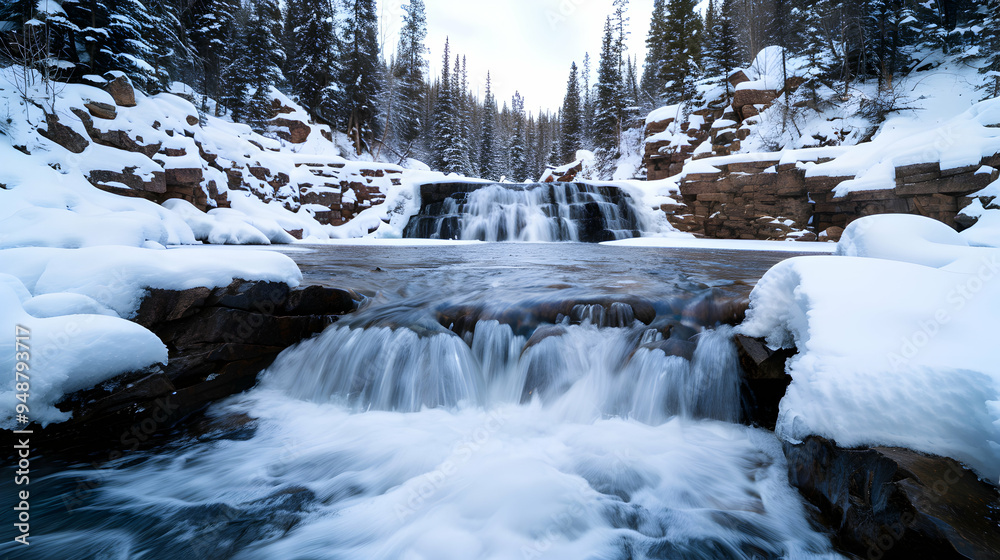Small Waterfall Surrounded Snow And Rocks Small Waterfall Surrounded Snow And Rocks