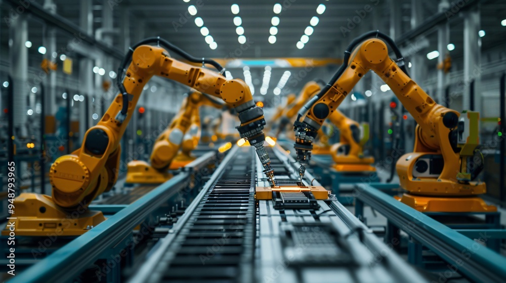 Factory with Robotic Arms on Assembly Line Factory with Robotic Arms on Assembly Line