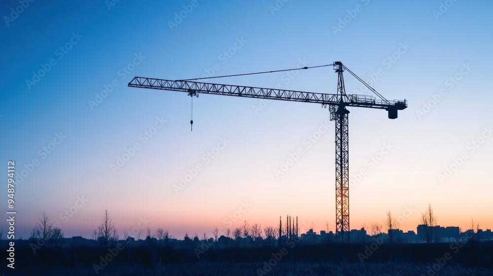 A construction crane silhouetted against a vibrant sunset sky, symbolizing urban development and progress in construction. A construction crane silhouetted against a vibrant sunset sky, symbolizing urban development and progress in construction.
